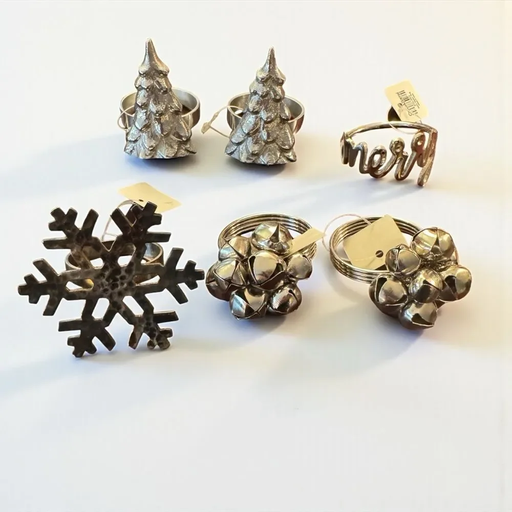Set of 6 Crate&Barrel Christmas Holiday Silver Napkin Rings